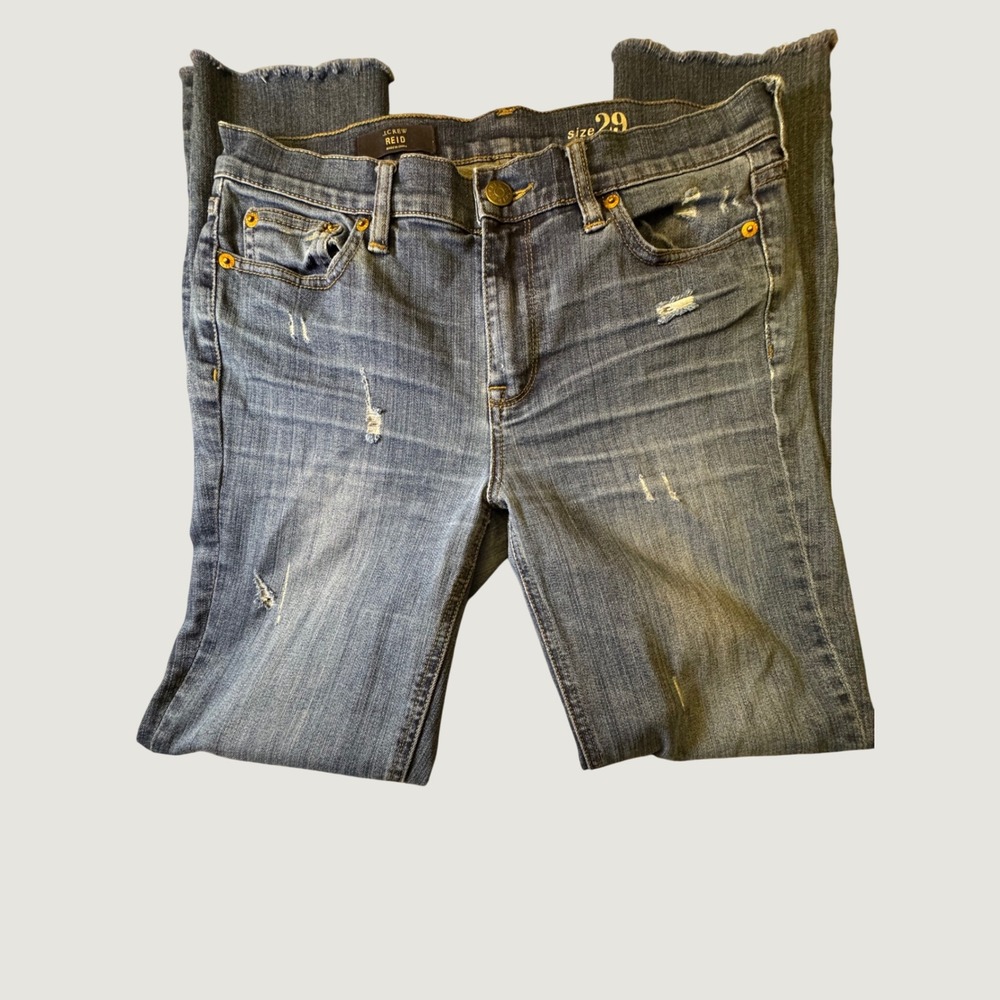 J.Crew Reid Straight Leg Jeans Medium Wash Distressed Raw Hem Size 29